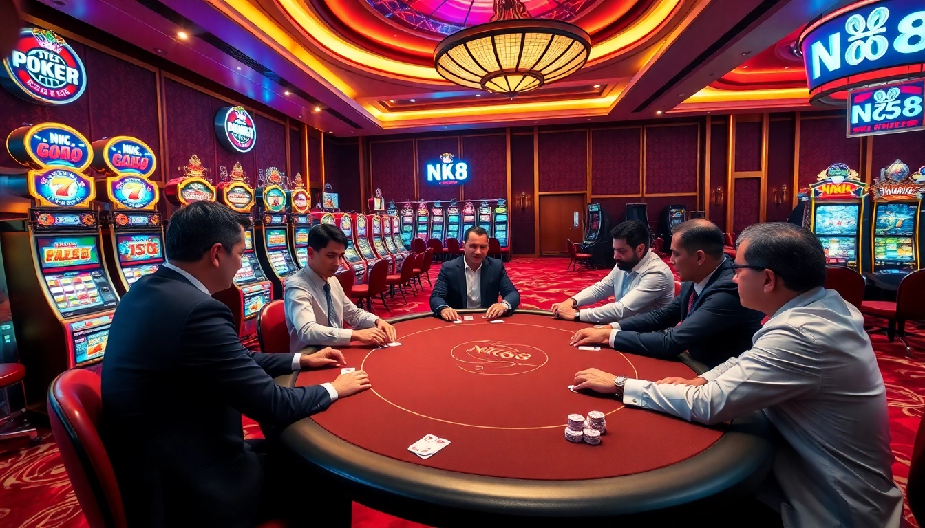 Experience thrilling NK88 poker action with players and vibrant slot machines in a luxury casino.