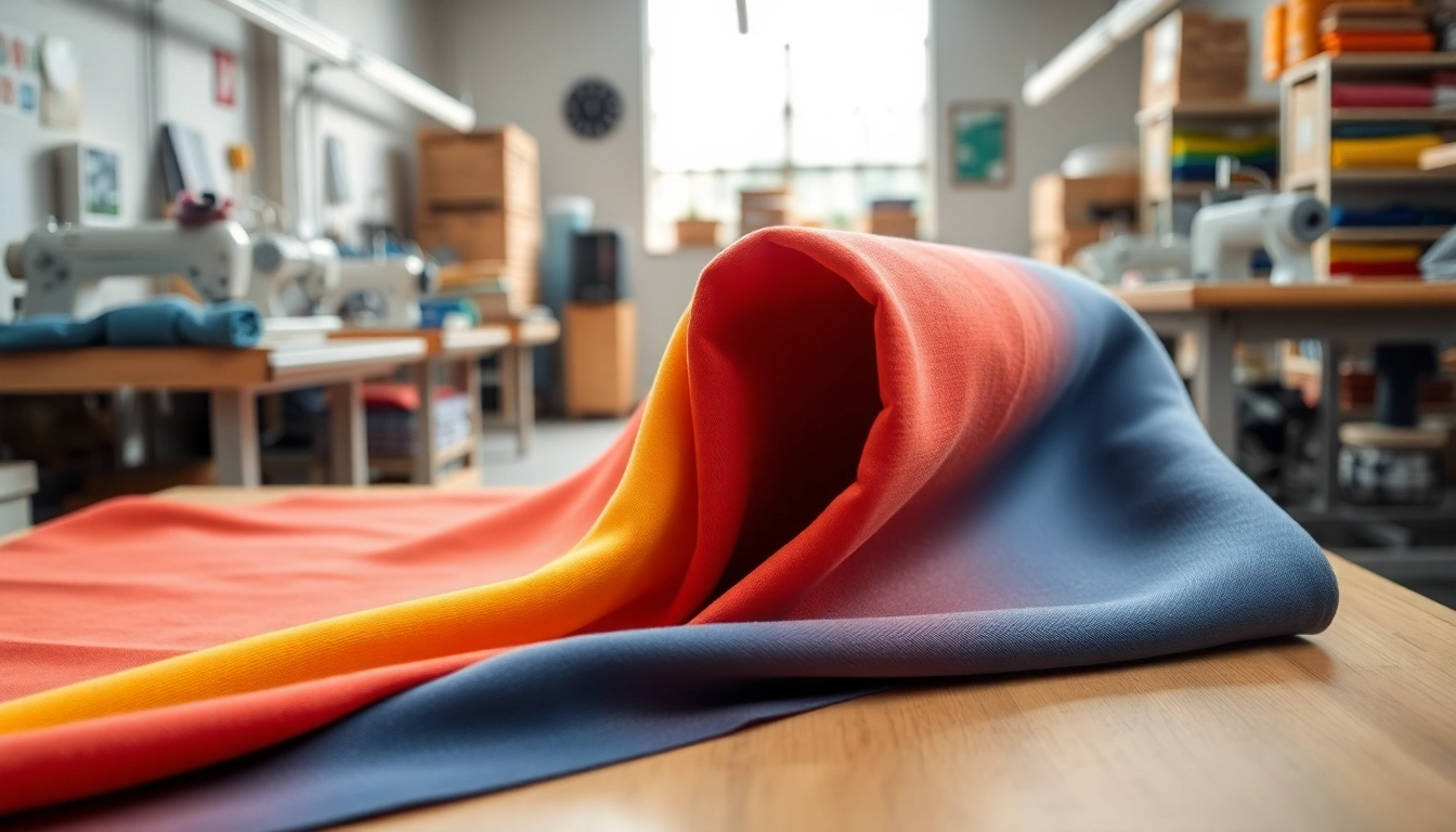 Stretch stof roll displayed prominently in a textile workshop environment.