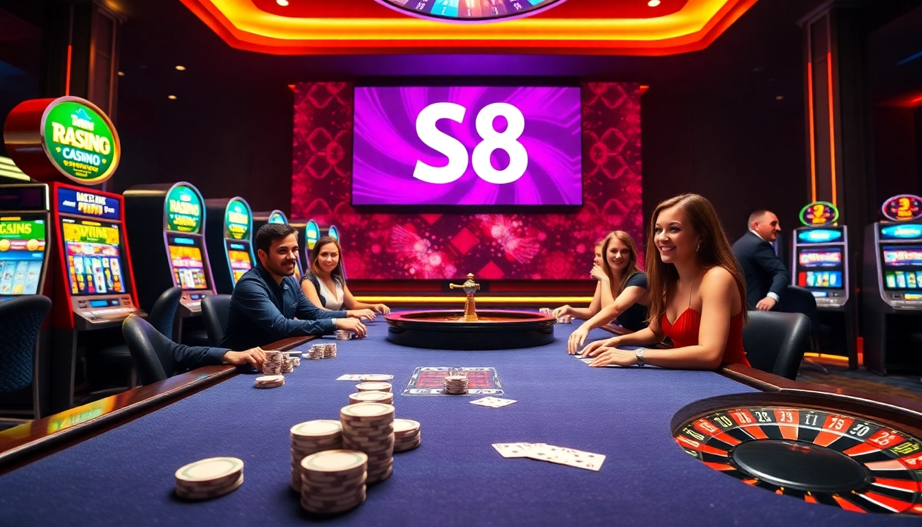 S8 casino betting table with poker chips and vibrant slot machines enhancing the excitement of gambling.