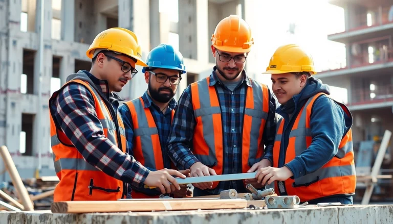 Construction apprenticeship program showcasing apprentices working together on-site with tools and building materials.