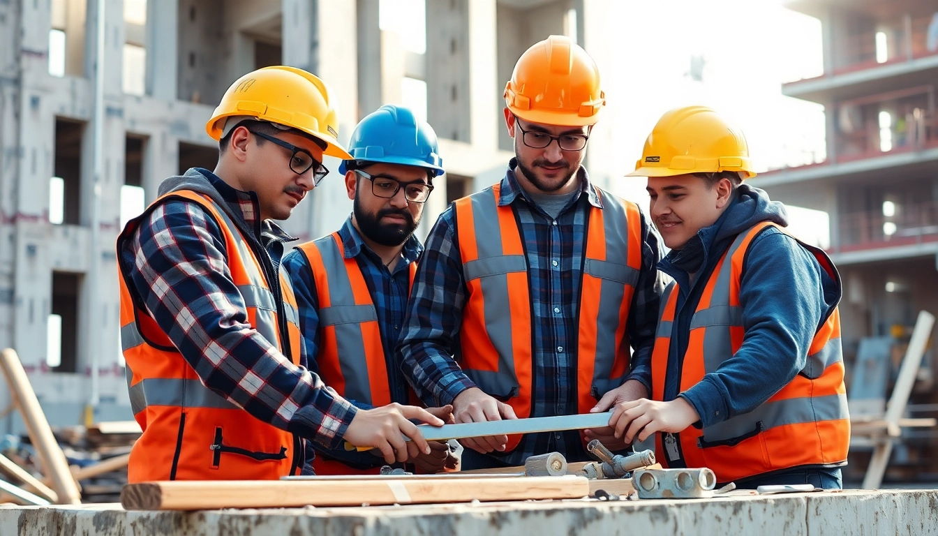 Construction apprenticeship program showcasing apprentices working together on-site with tools and building materials.