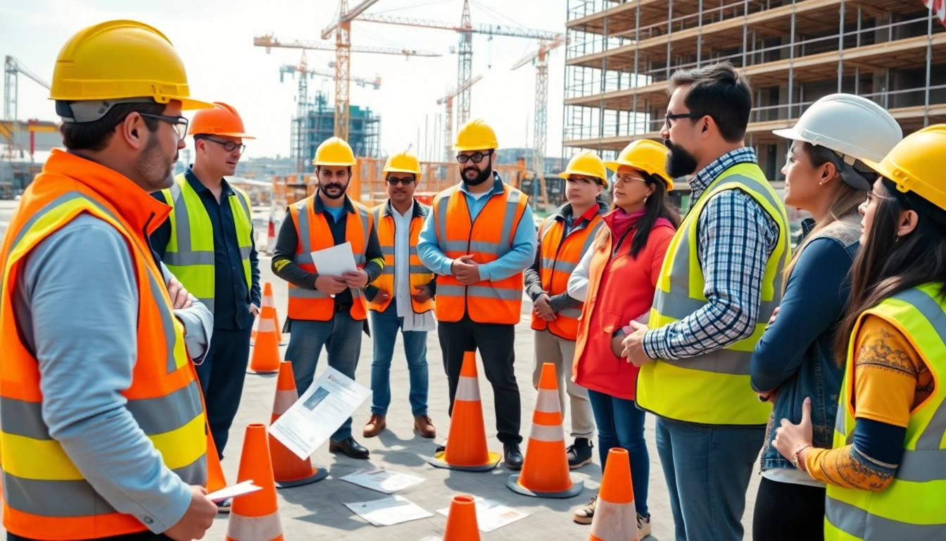 Engaged workers in construction safety training Colorado, outdoors with vibrant safety gear and learning materials.