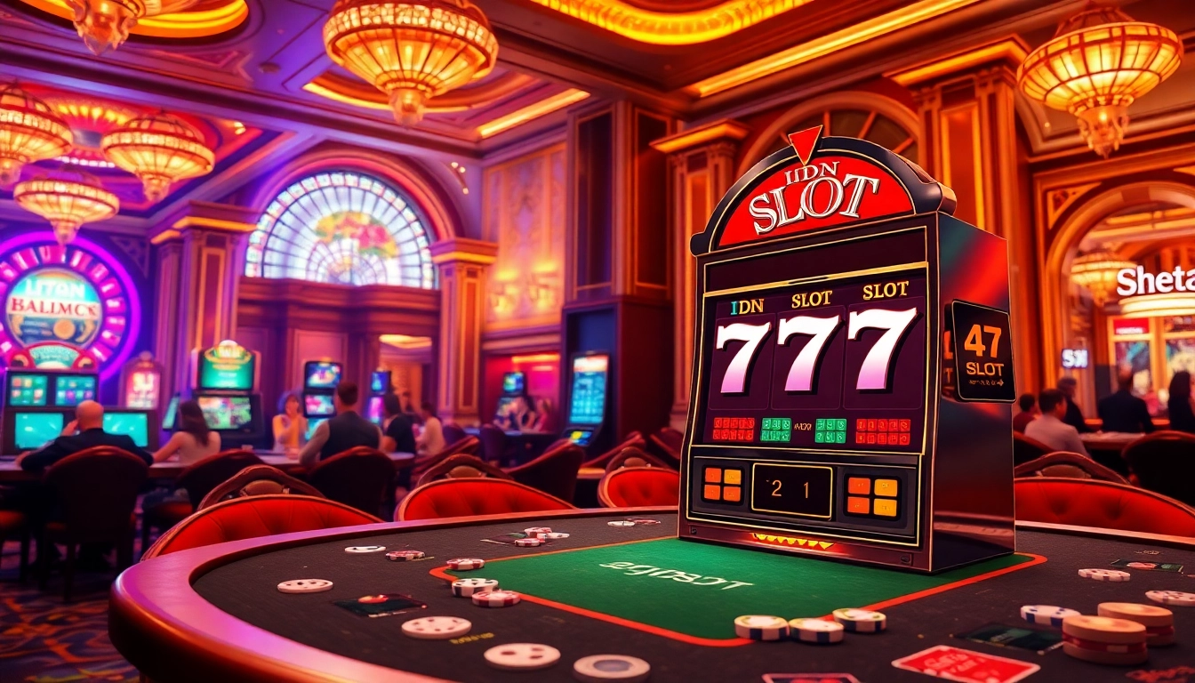 Experience the thrill of IDN Slot 777 with vibrant slot machines, chips, and dice in a luxurious casino atmosphere.