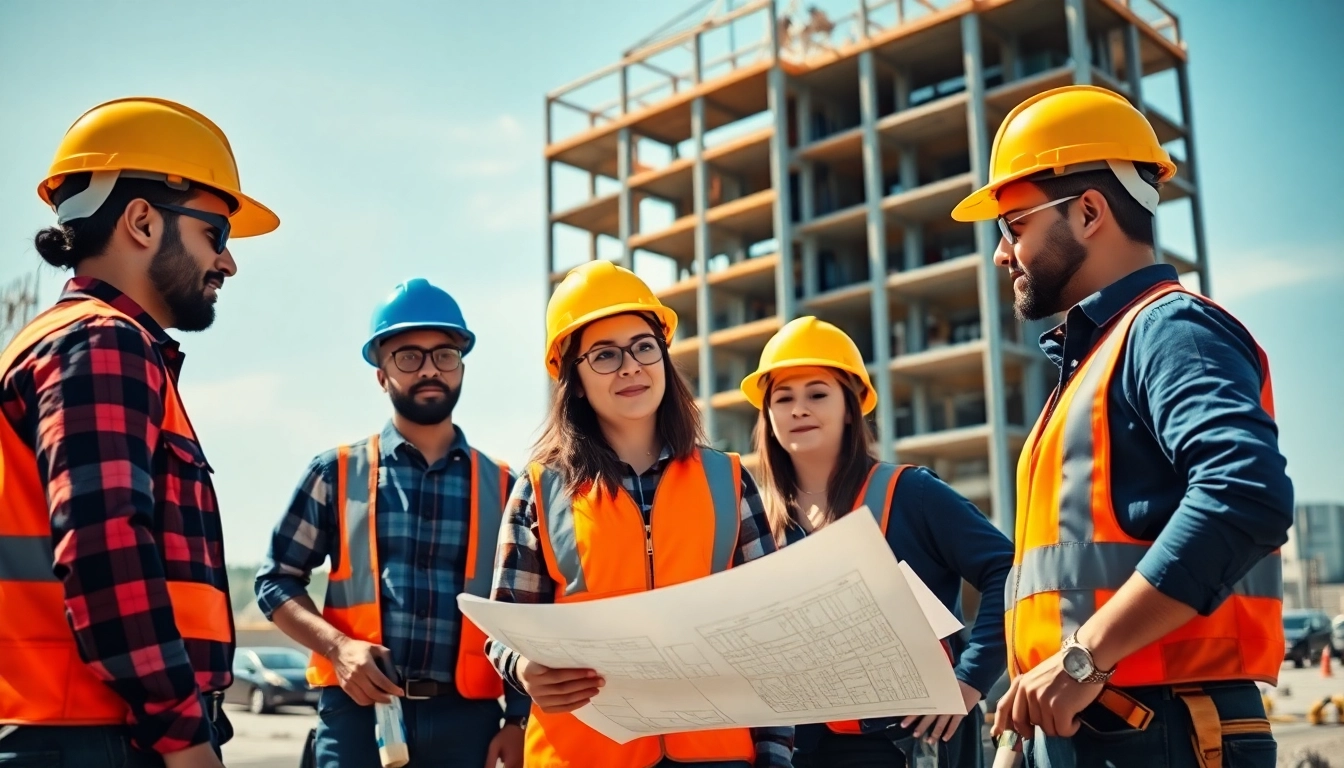 Showcasing a diverse construction workforce development team collaborating on-site.