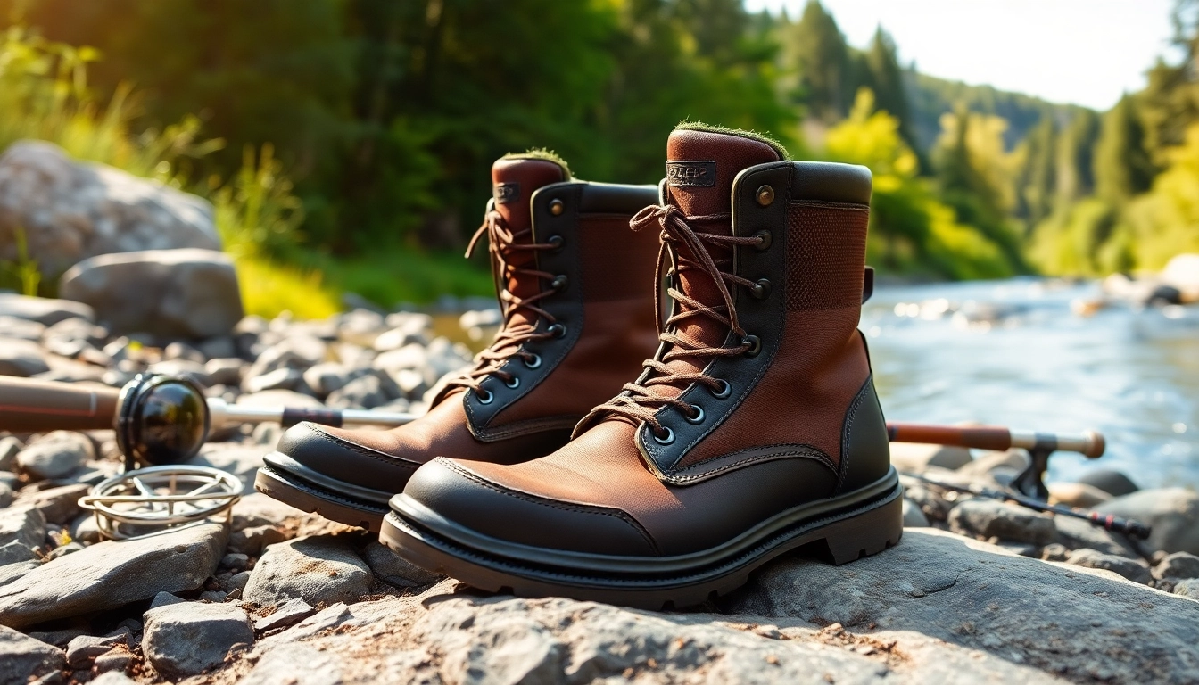 Fly fishing boots resting on a rocky riverbank, showcasing durability in a natural setting.