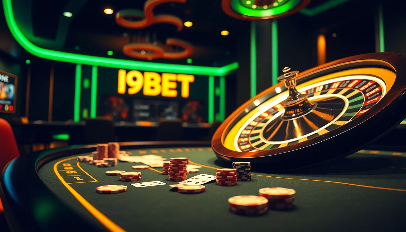 I9BET players enjoying an elegant casino experience with poker chips and a roulette wheel.