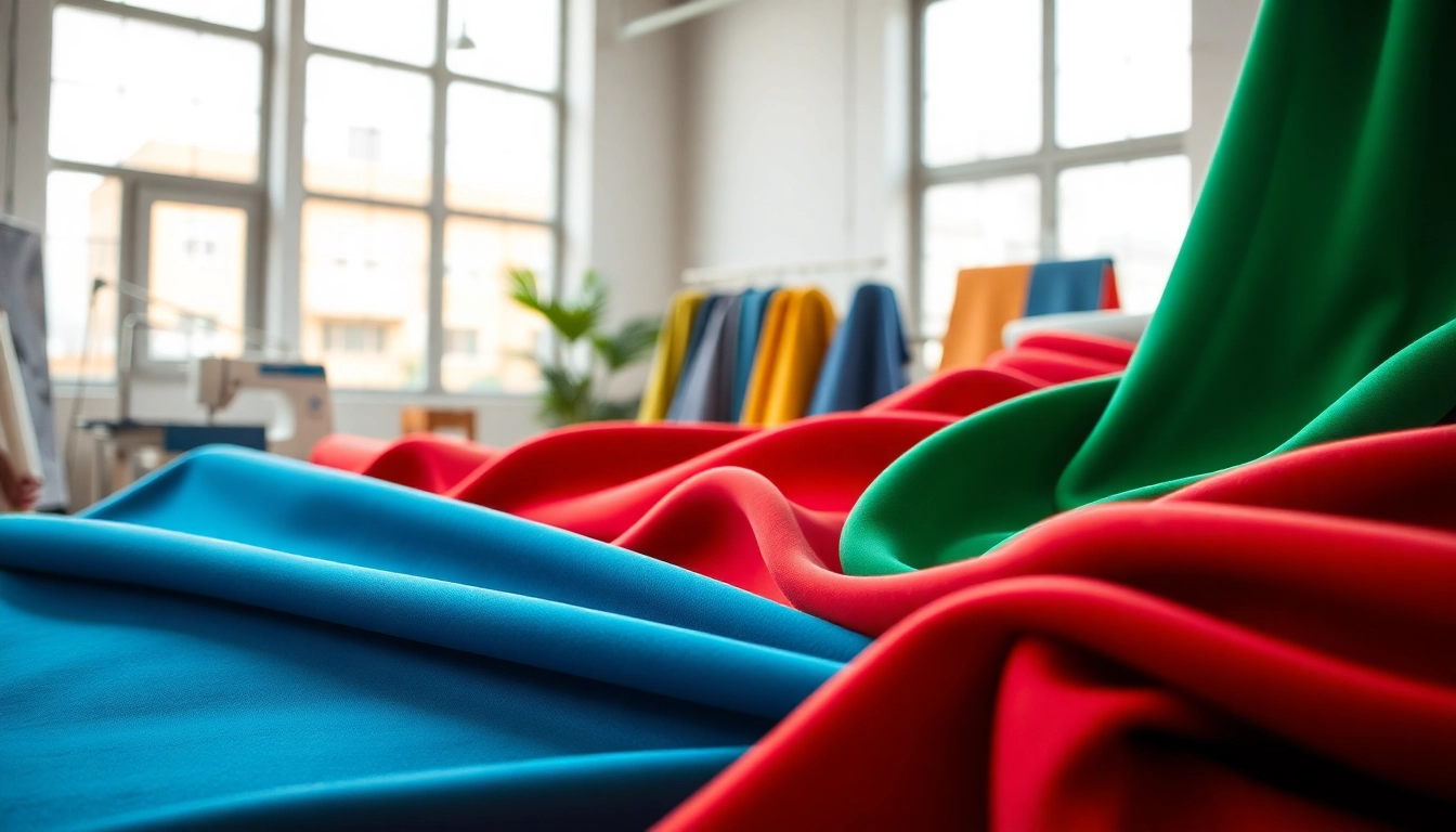 Bekijk spandex kopen opties met verschillende kleuren en texturen in een modern atelier.