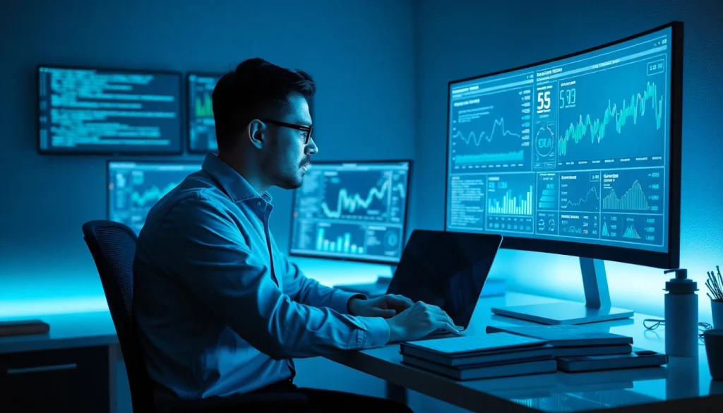 Cybersecurity AI analyst analyzing data on dual monitors in a modern workspace.