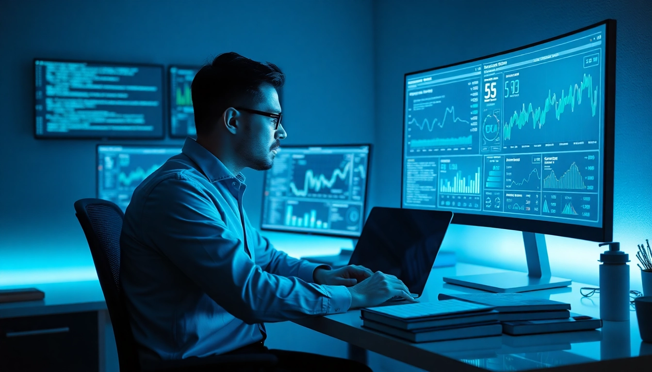 Cybersecurity AI analyst analyzing data on dual monitors in a modern workspace.