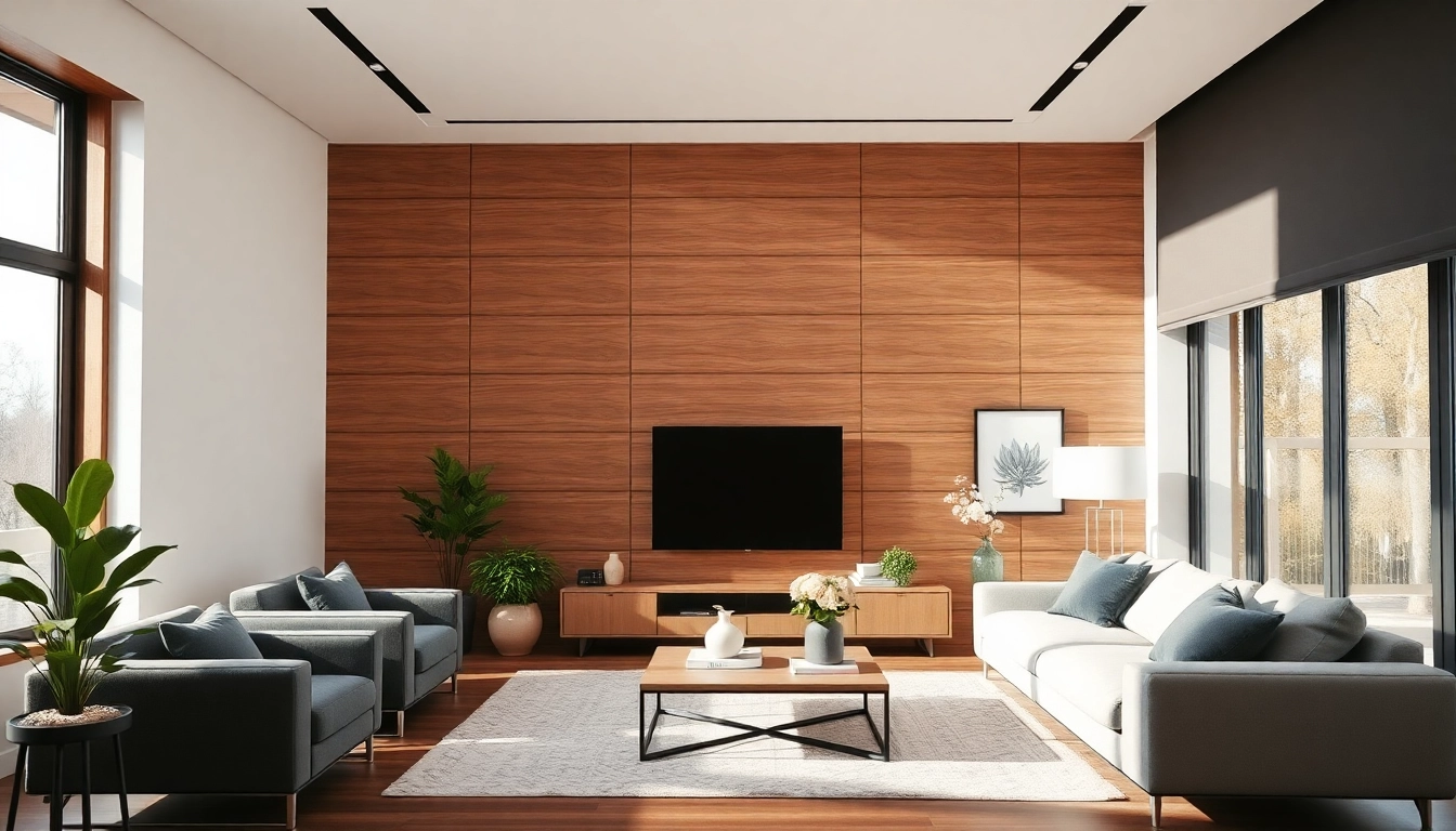 Enhancing interior wall paneling with textured wood in a modern living room.