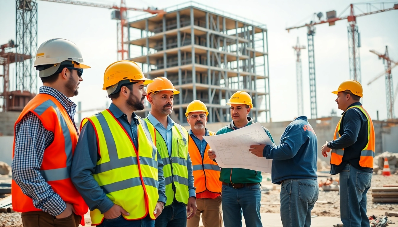 Construction workforce development showcasing diverse professionals collaborating on-site.
