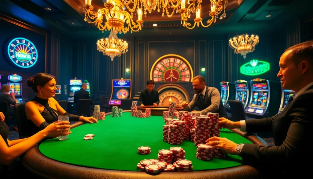 Experience the excitement of Haywin at a luxury casino table with poker chips and roulette.