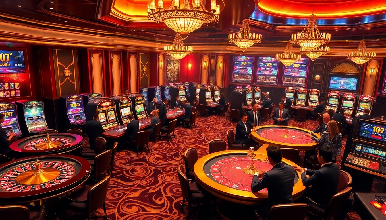 A lively casino scene showcasing the hidden wiki 2026, featuring engaged players at poker tables and flashing slot machines.