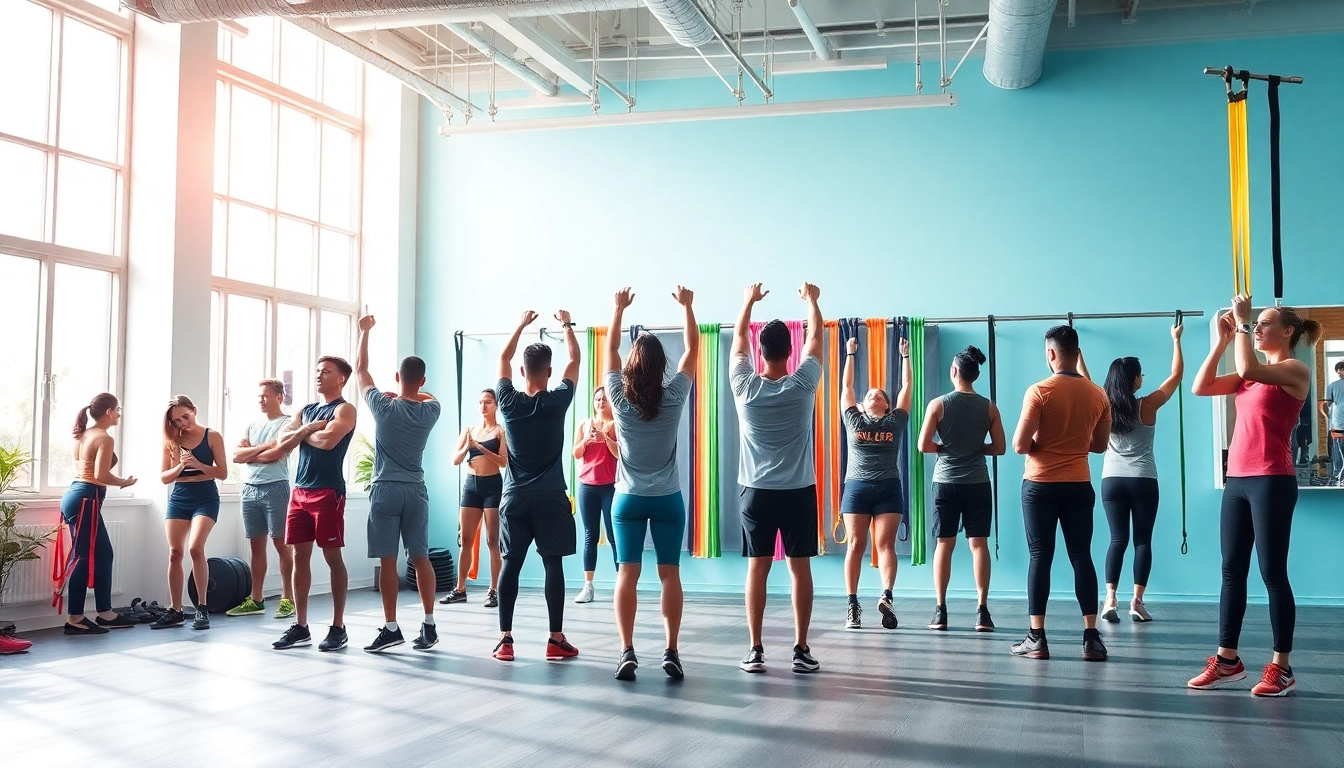 Individuals using pull-up assist bands in a gym, showcasing diverse fitness levels and vibrant equipment.