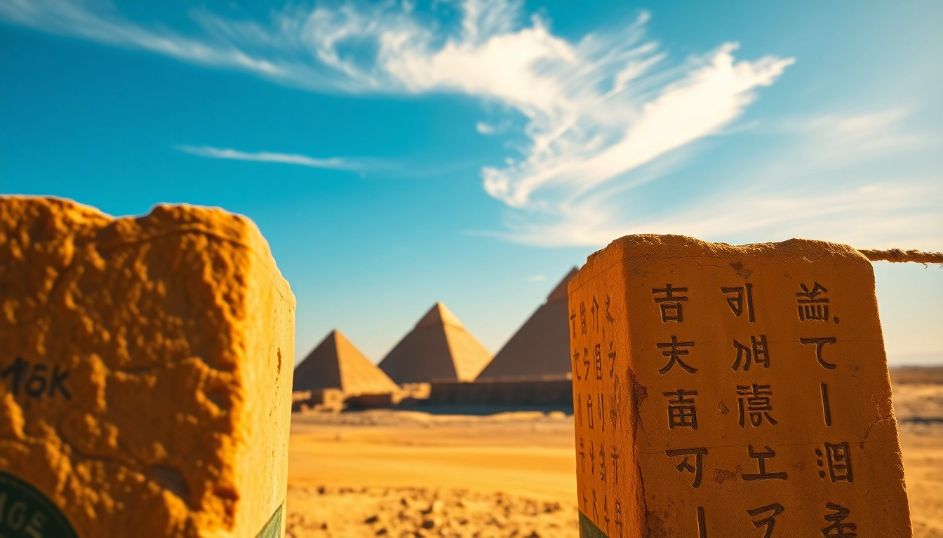 View of the majestic piraminds with ancient hieroglyphic stones in the foreground.