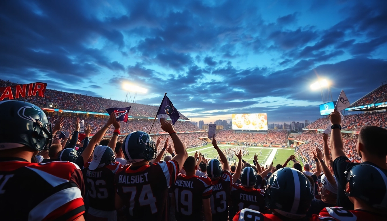 Cheerful NFL game crowd enjoying the nfl schedule this weekend in a vibrant stadium atmosphere.