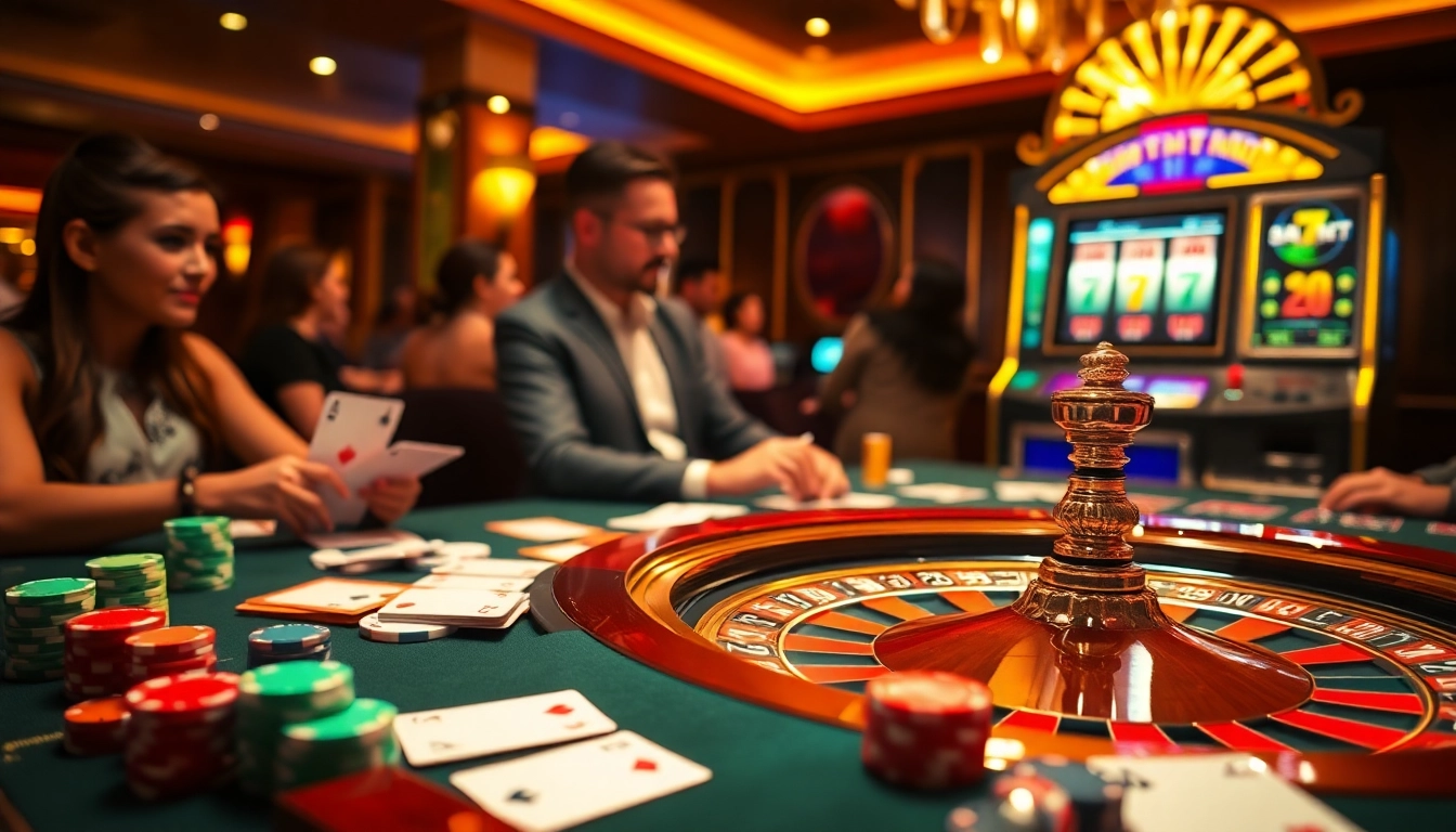 Situs deposit 5k: Players enjoying poker chips and cards in a vibrant casino atmosphere.
