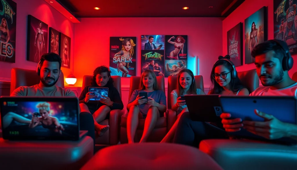 Engaged players enjoying html porn games in a cozy gaming lounge.