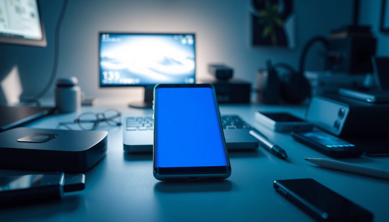 Showcasing the Samsung Galaxy S8 smartphone with its stunning edge-to-edge display and modern tech accessories.