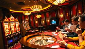 Exciting gambling scene at a luxury casino showcasing https://shbet.law/ with poker tables and vibrant slot machines.