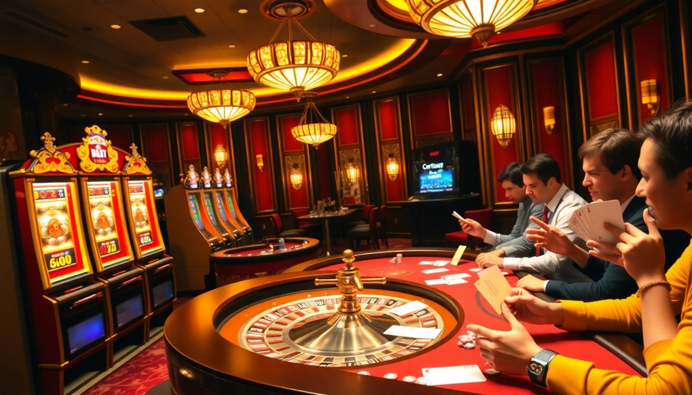 Exciting gambling scene at a luxury casino showcasing https://shbet.law/ with poker tables and vibrant slot machines.