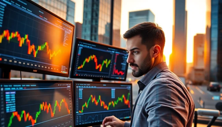 Comprendre bitcoin à travers un trader analysant des graphiques dans un paysage urbain.