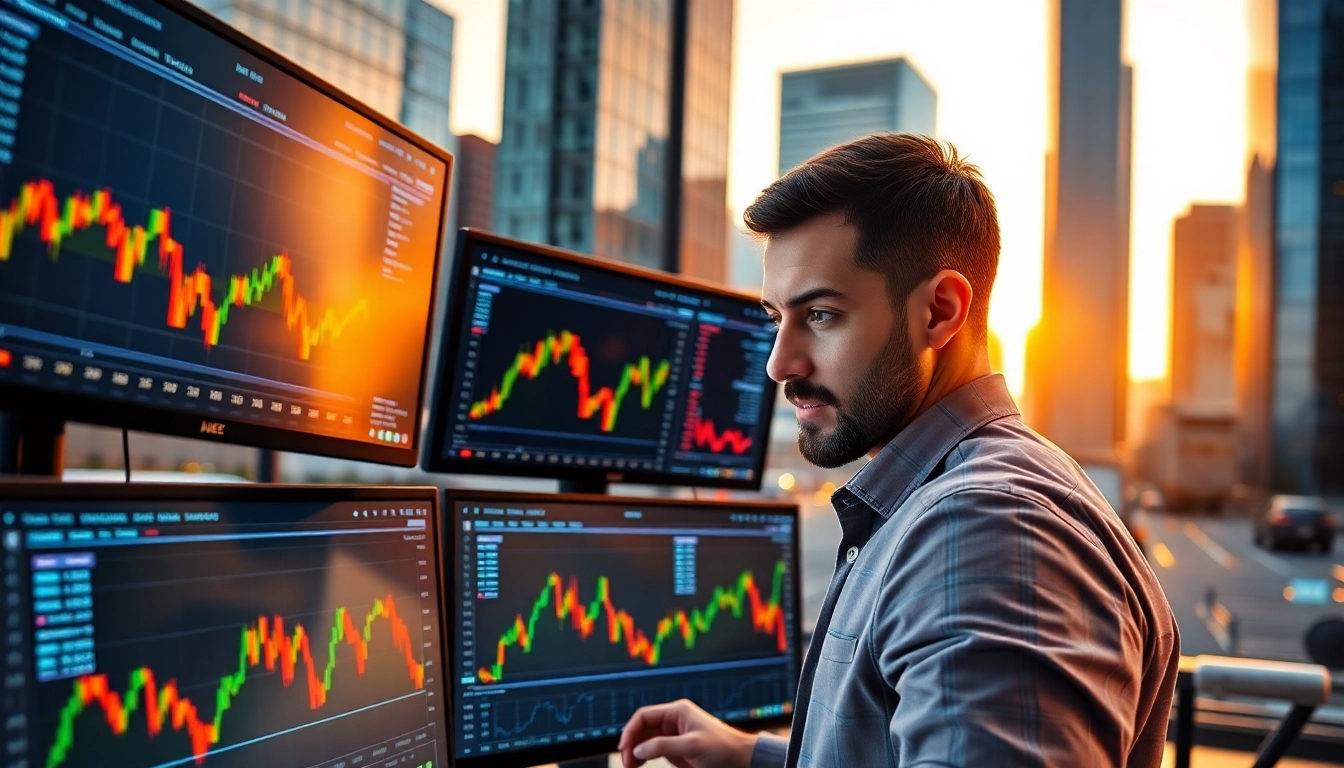 Comprendre bitcoin à travers un trader analysant des graphiques dans un paysage urbain.