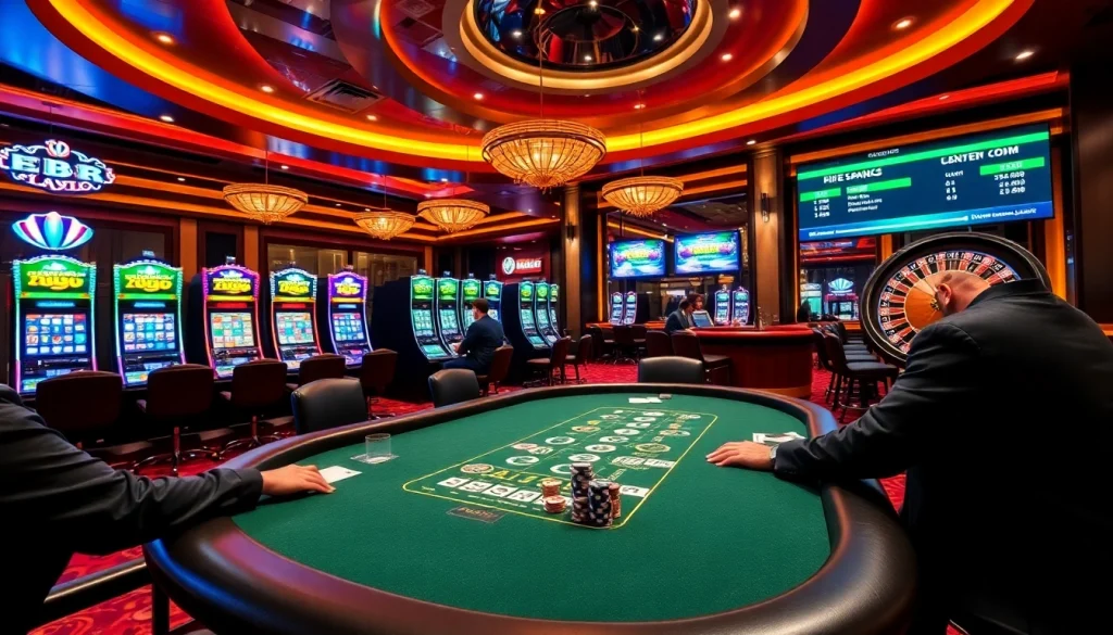 Exciting casino scene featuring poker action and slot machines at https://febet8.com for thrilling gameplay.