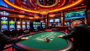 Exciting casino scene featuring poker action and slot machines at https://febet8.com for thrilling gameplay.