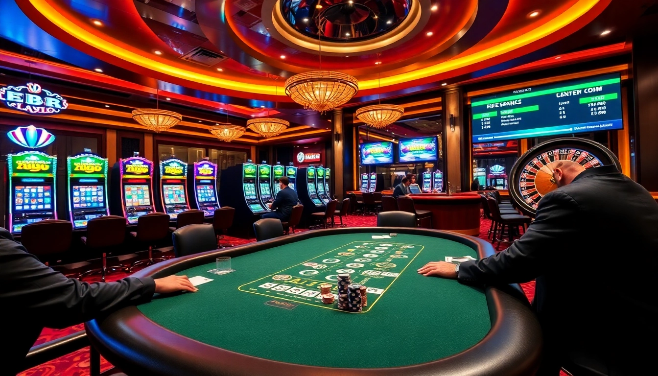 Exciting casino scene featuring poker action and slot machines at https://febet8.com for thrilling gameplay.