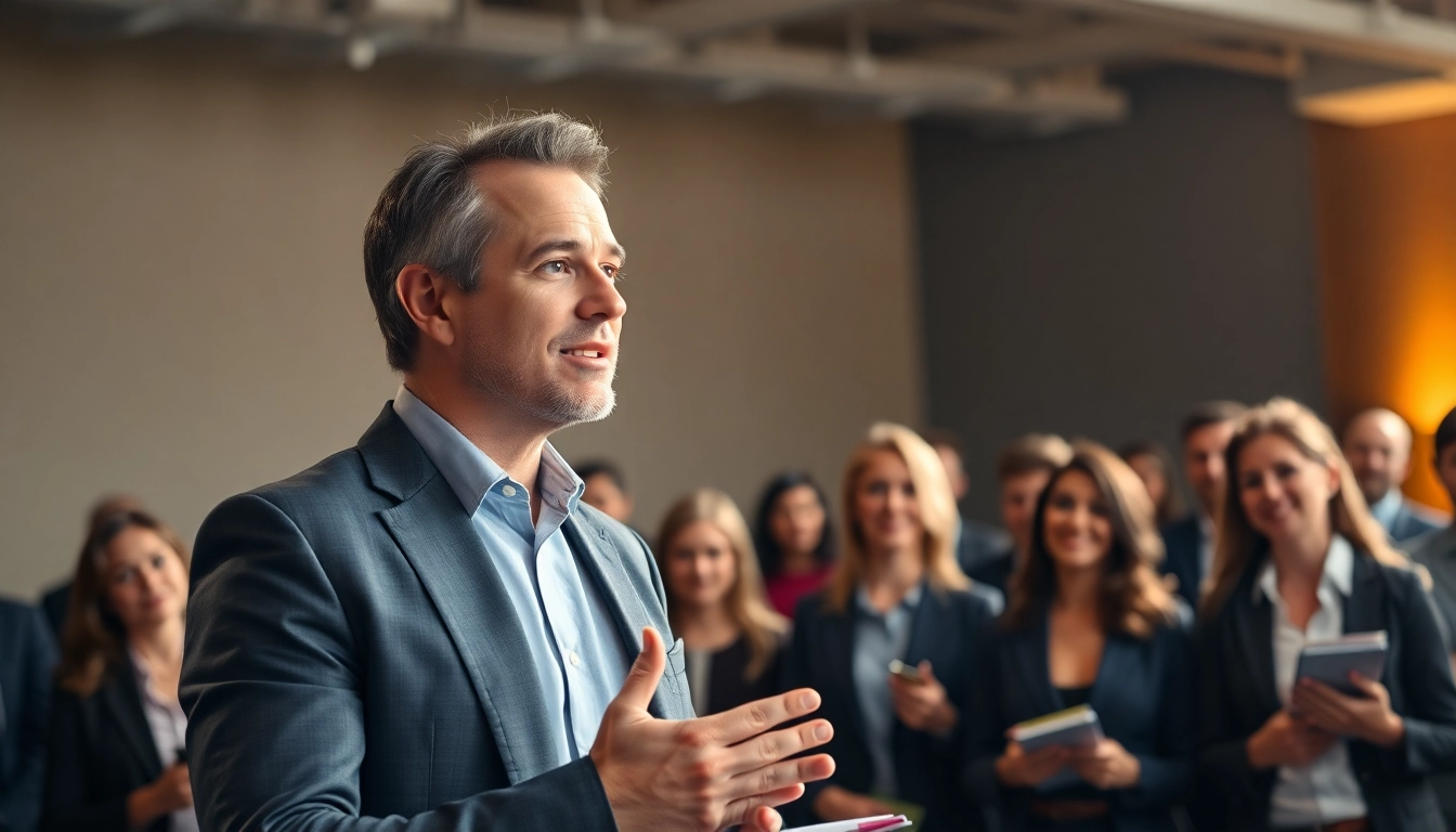 Engaging speech on founder leadership insights inspiring audience at corporate event.