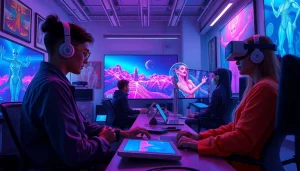 AI NSFW artists creating vivid digital artwork in a futuristic studio