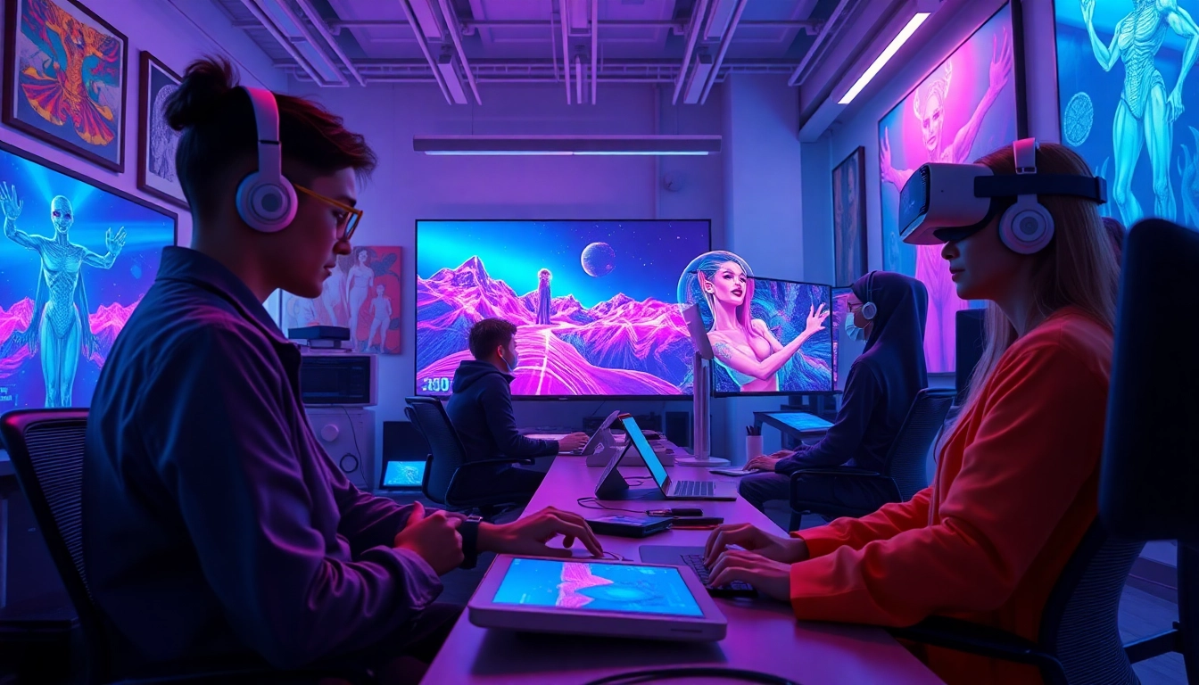 AI NSFW artists creating vivid digital artwork in a futuristic studio