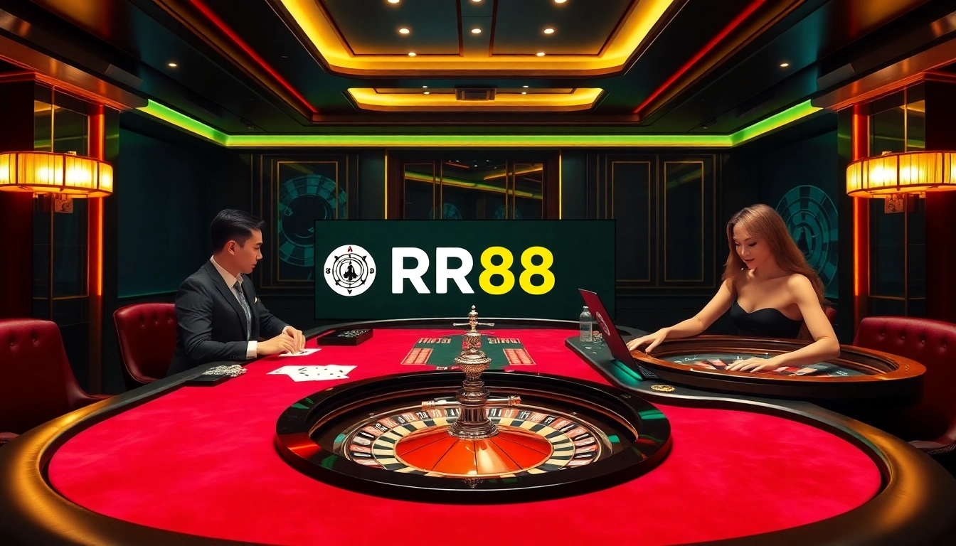 RR88 gaming table with professional dealers and vibrant casino atmosphere.