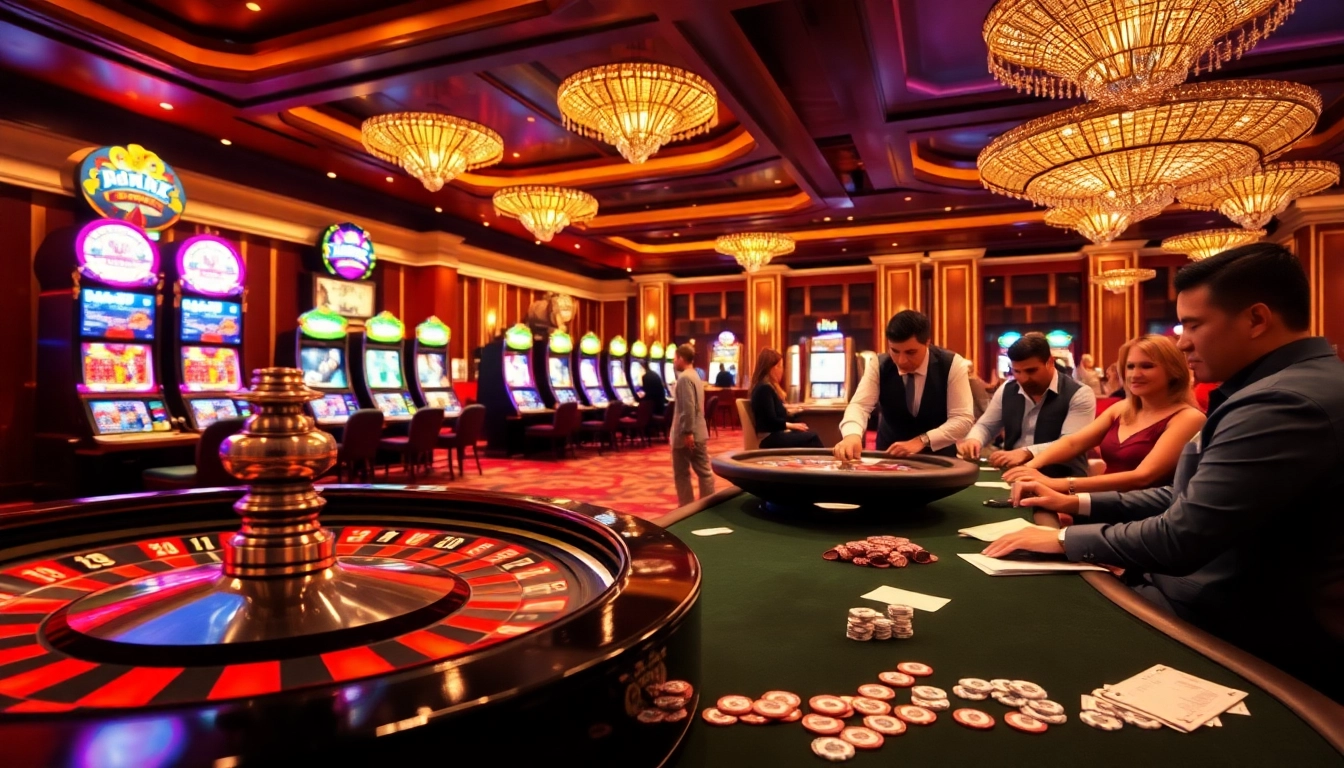 Adegan kasino yang mendebarkan yang menampilkan situs deposit 5k dengan pemain yang terlibat pada meja roulette dan permainan poker.