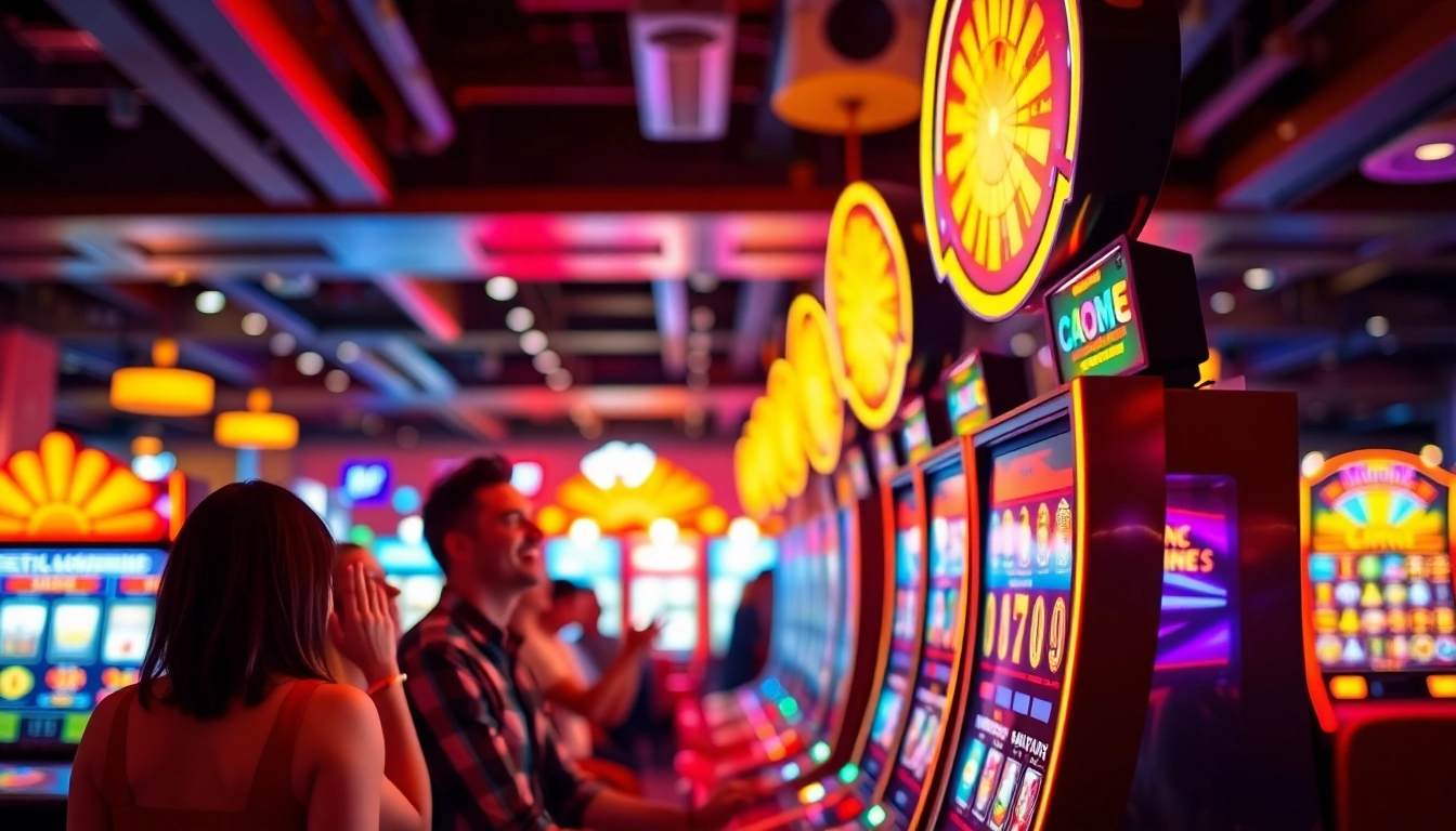 Slot deposit 1000 yang menonjol dalam suasana kasino yang meriah dengan mesin slot berwarna-warni.