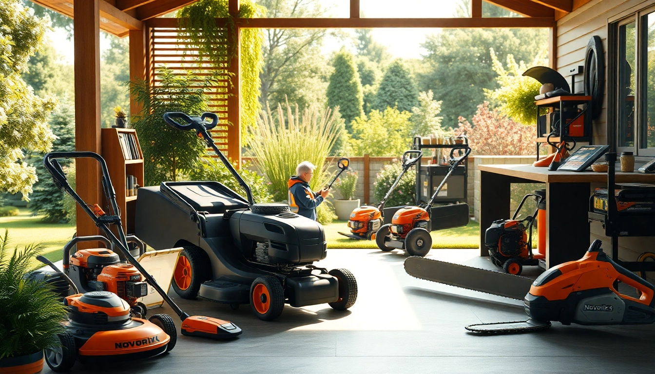 Showcase of NovorikX outdoor power equipment in a sunny garden setting.