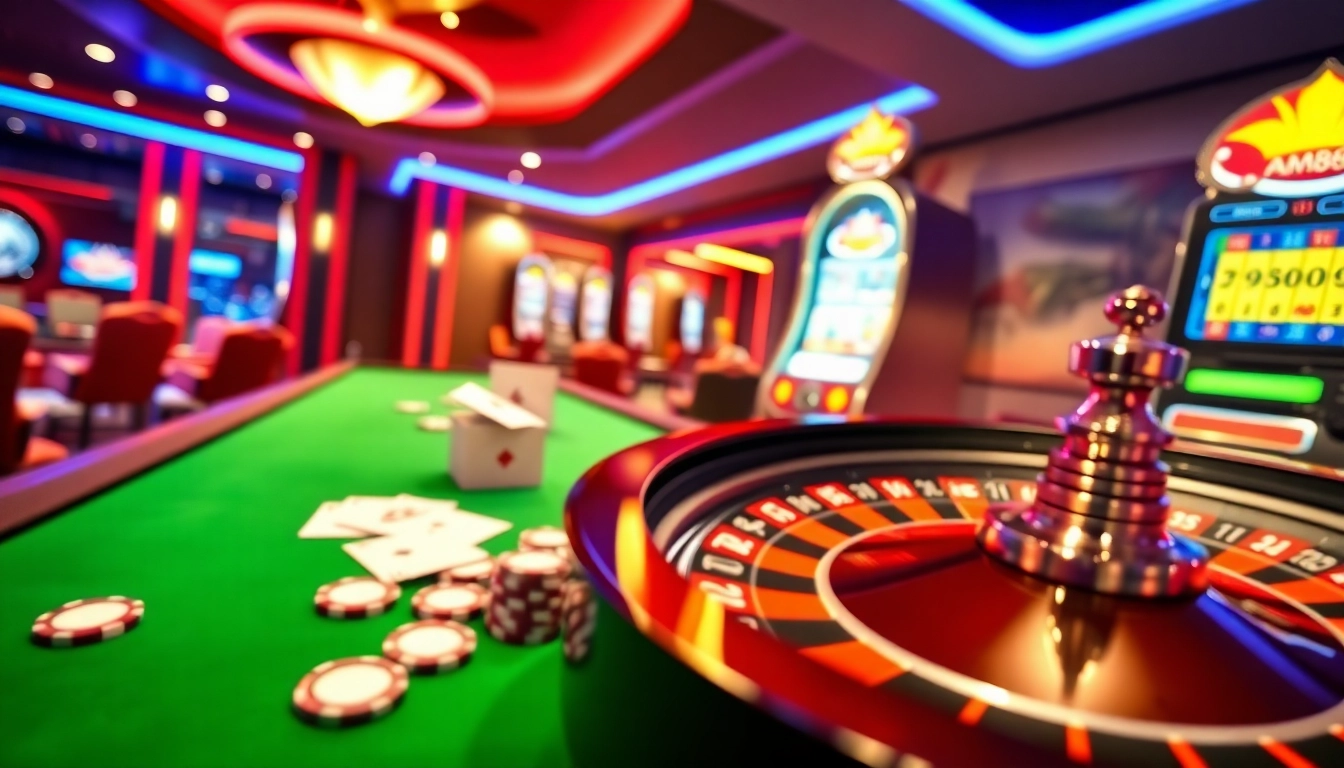 Experience high-stakes gaming at MM88's luxurious virtual casino with vibrant roulette and poker tables.
