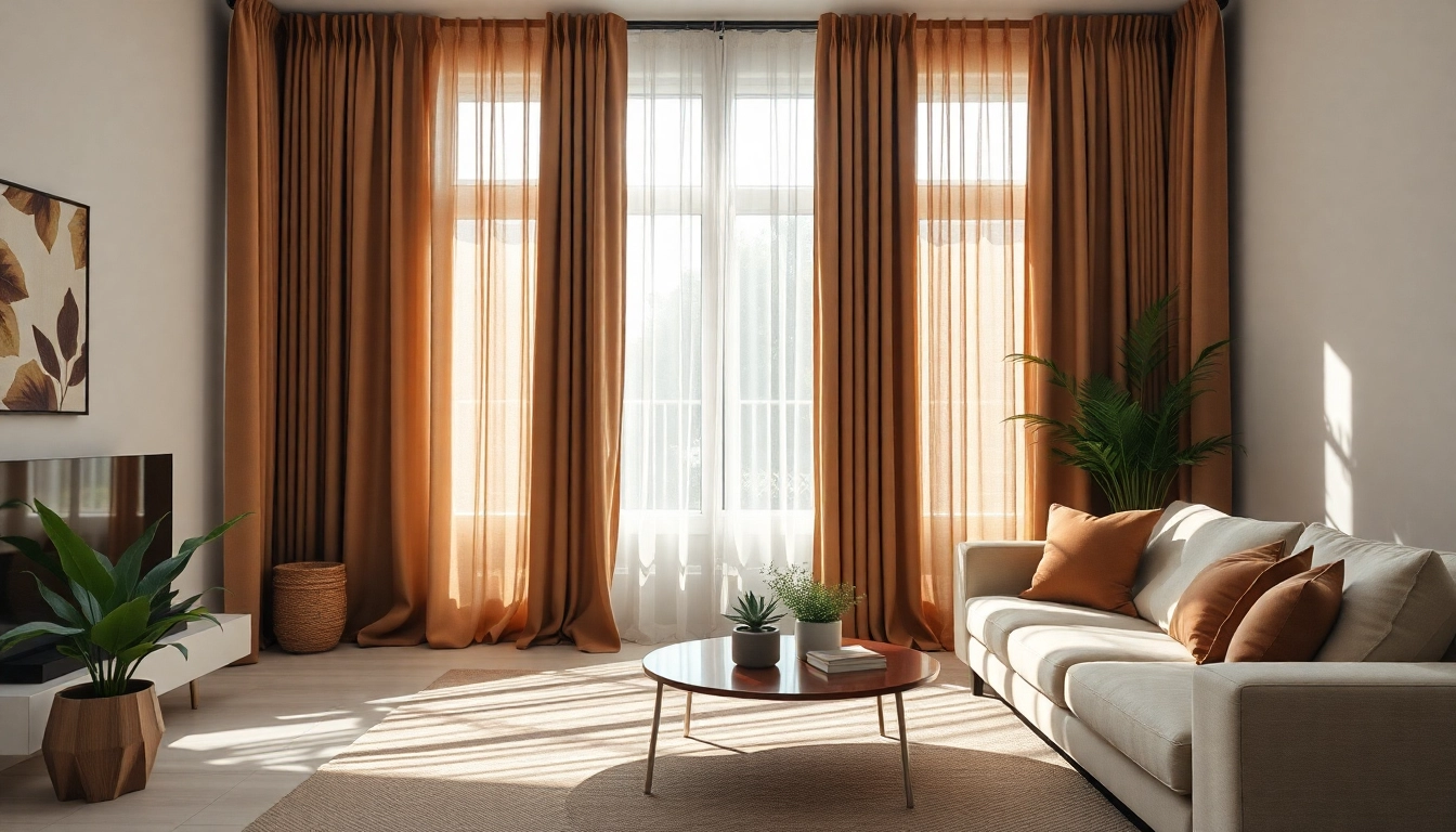 Verduisterende gordijnen in een stijlvolle woonkamer met warme kleuren en natuurlijke lichtinval.
