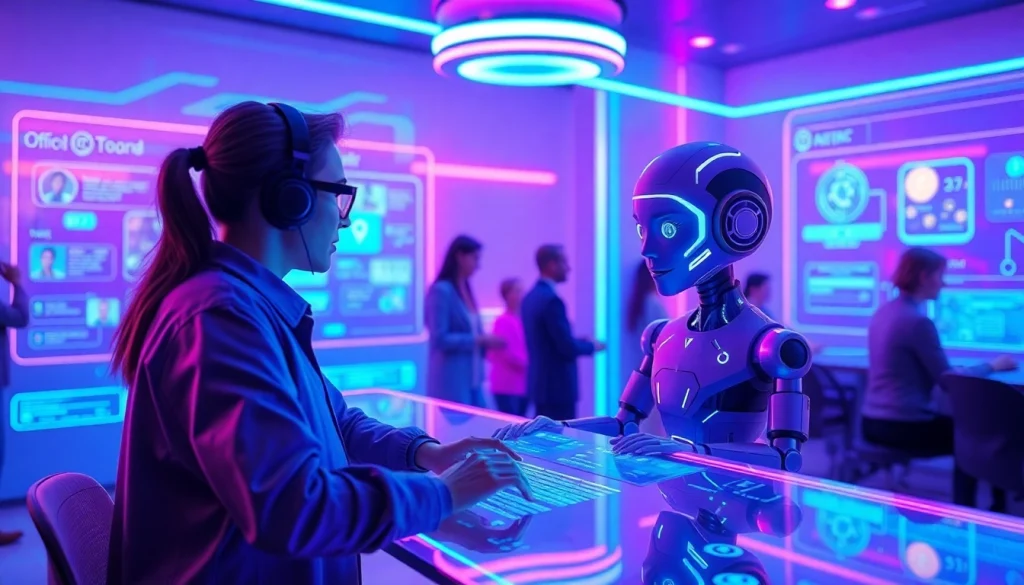 Interactive scene showcasing nsfw character ai in a vibrant digital space with glowing interfaces.