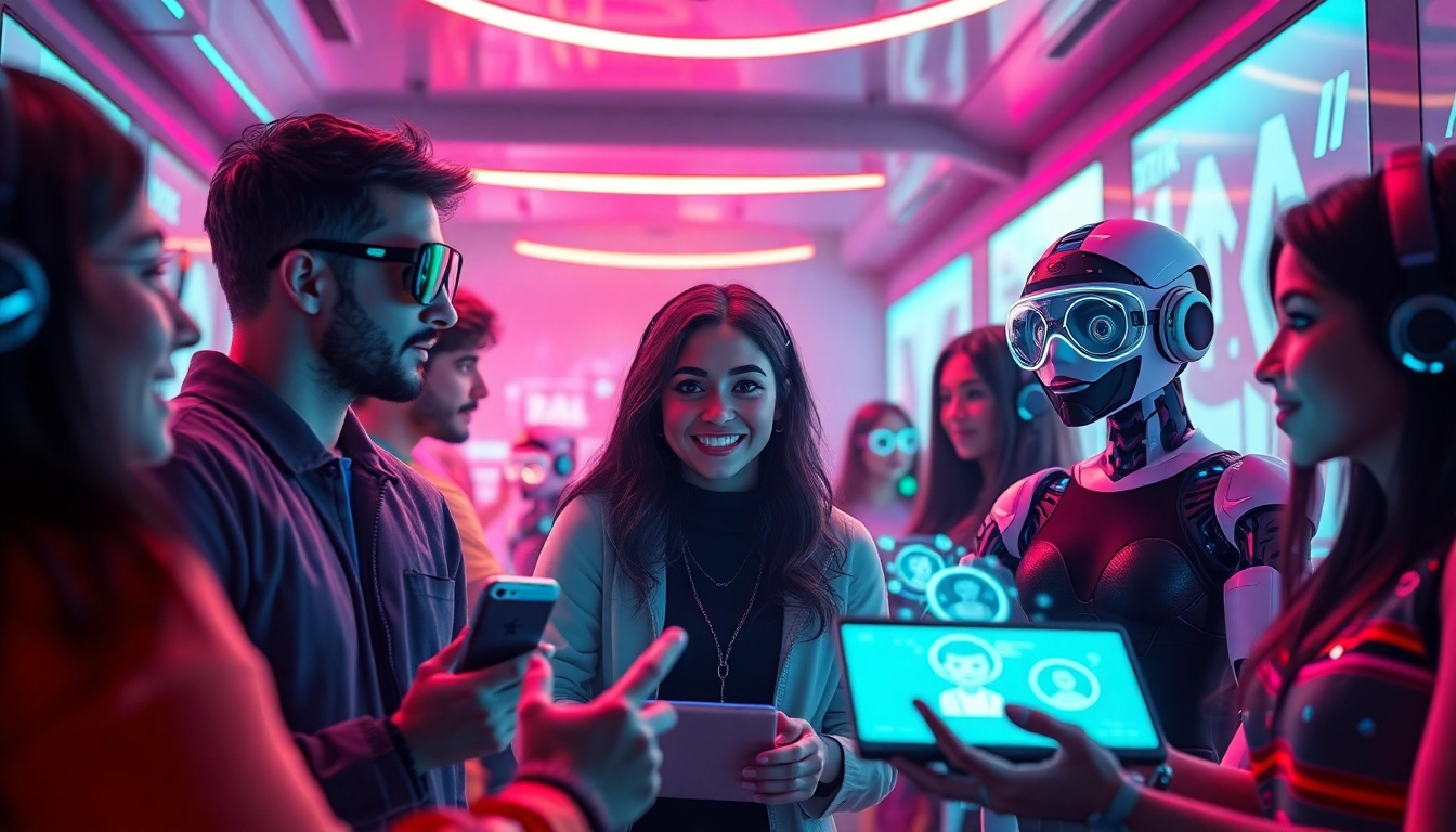 Engaging scene of users interacting with NSFW AI chatbots in a vibrant digital landscape, showcasing diverse characters and advanced technology.