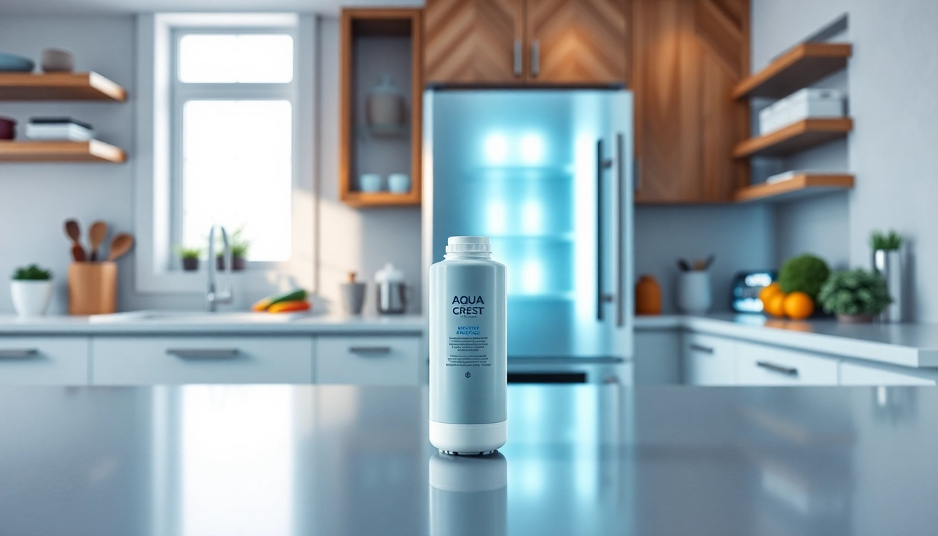 AQUA CREST LT1000PC ADQ747935 Refrigerator Water Filter and Air Filter showcased on a kitchen countertop, highlighting its modern design and freshness.
