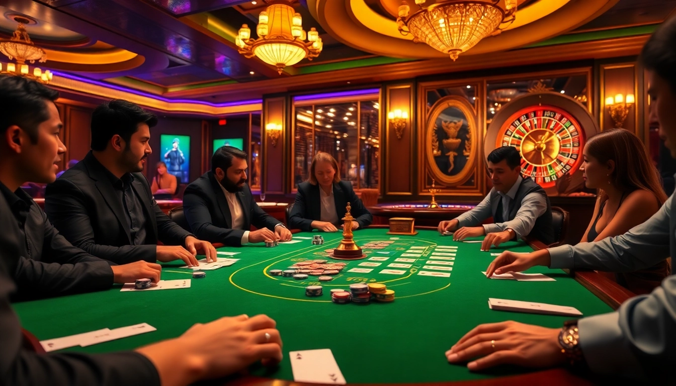 An engaging scene of a poker game with players at a casino table, highlighting the excitement of bk8thai ทางเข้า.
