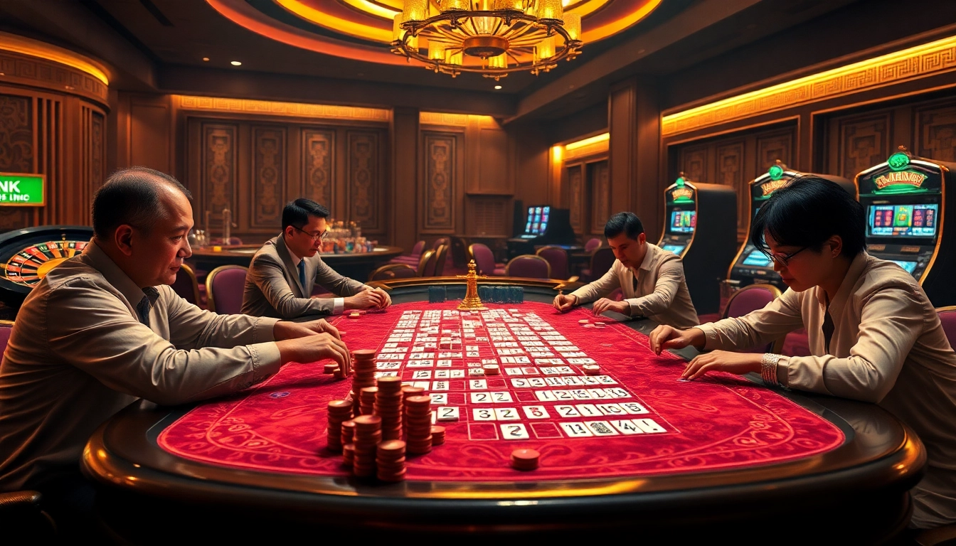 Players enjoying a game of link mahjong at an upscale casino, showcasing vibrant tiles and casino ambiance.