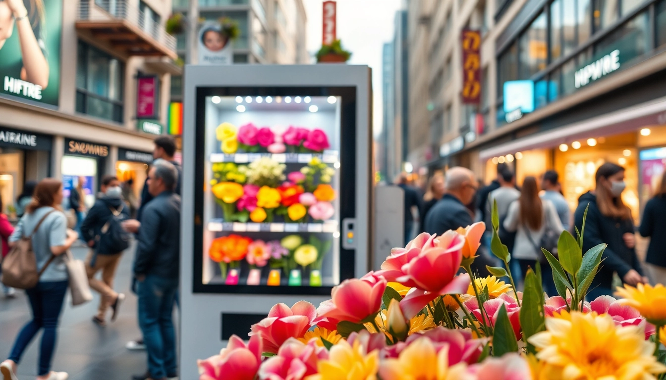 A modern flower vending machine with a touchscreen interface displaying fresh floral arrangements in a vibrant urban setting.