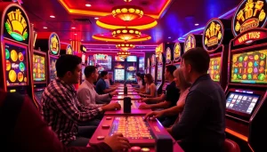 Pemain berinteraksi dengan mesin slot dan merayakan jackpot di kasino yang menampilkan opsi slot deposit 1k.