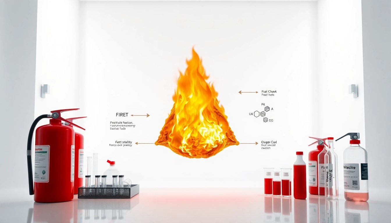 Understanding the fire tetrahedron components with professional diagrams and safety equipment.