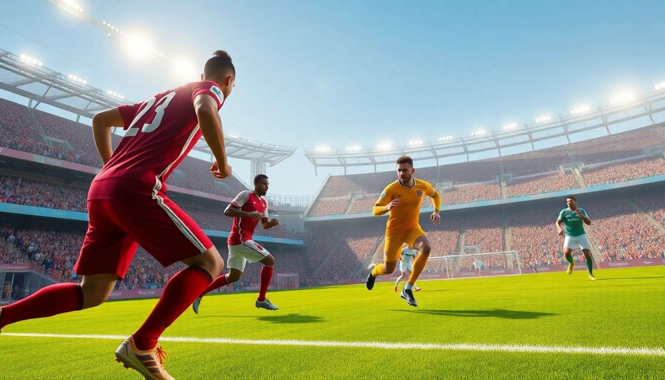Catch the thrilling action of ผลบอลสดthscore live football gameplay with energetic players and vibrant stadium.