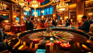 Exciting players engaged in a roulette game at a luxurious casino table featuring say88 branding.