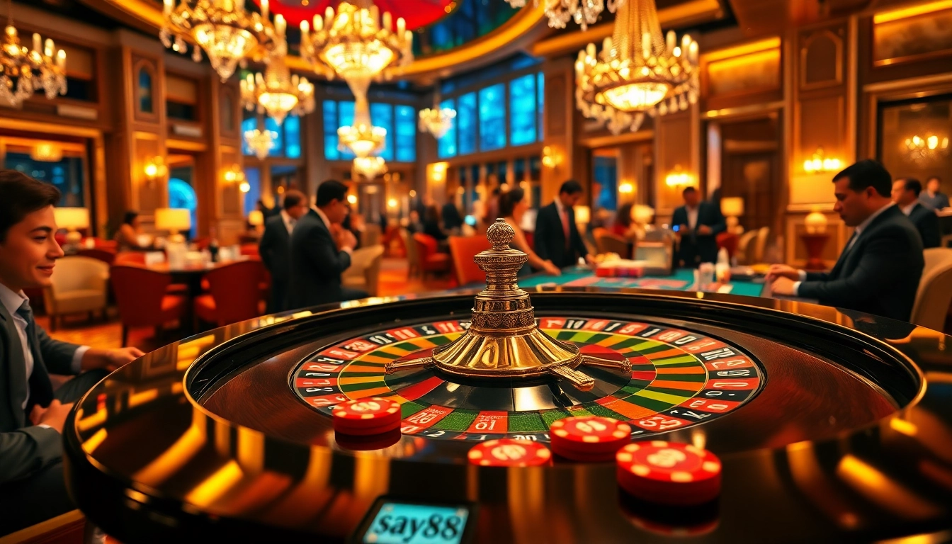 Exciting players engaged in a roulette game at a luxurious casino table featuring say88 branding.